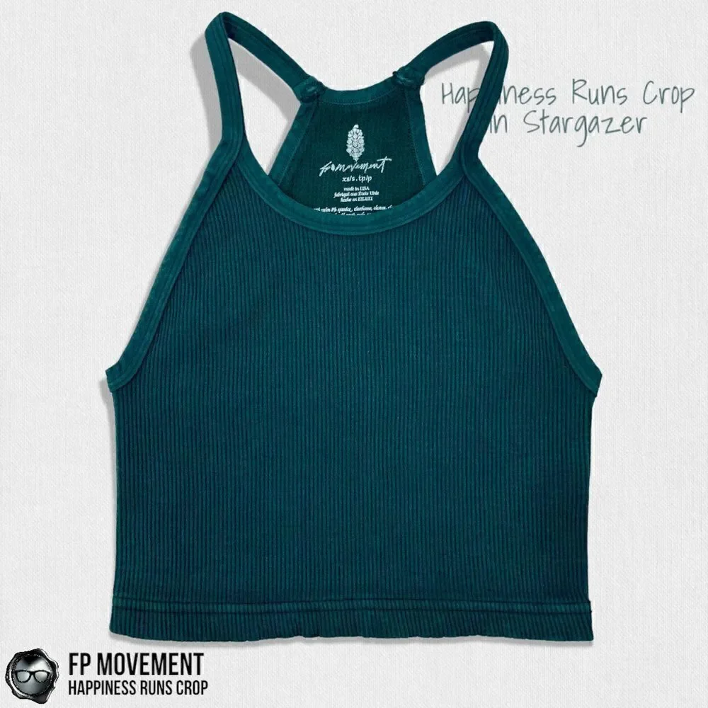 FP MOVEMENT HAPPINESS RUNS CROP TANK IN STARGAZER TEAL XS / SMALL RIBBED BRA TOP